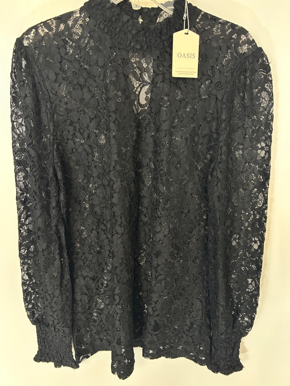 NWT - Oasis Black Floral Lace High-Neck Blouse, size Medium